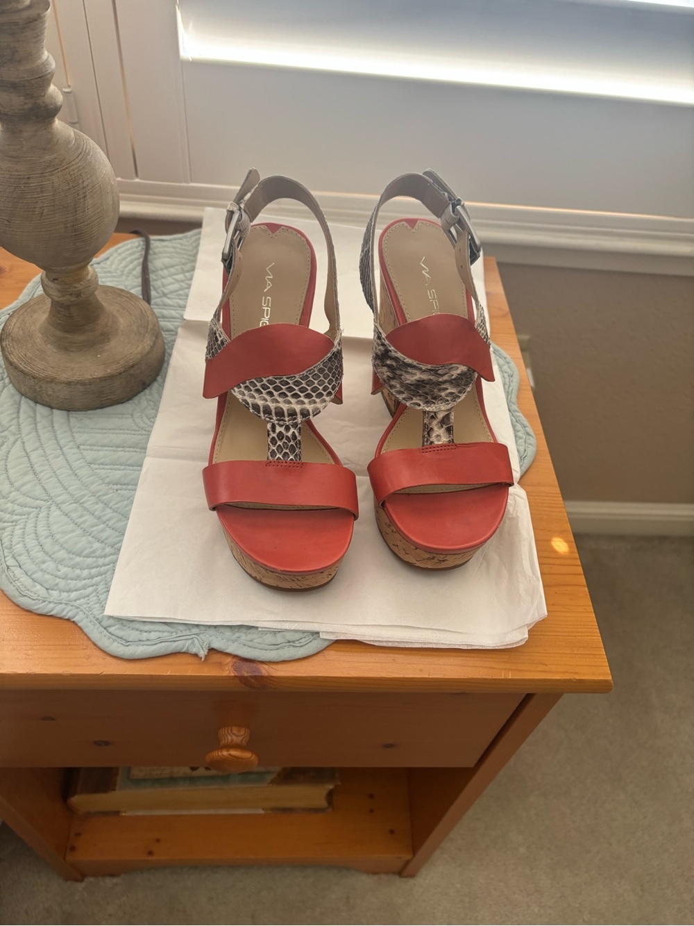Via Spiga coral and Snake-Print Leather Wedge Sandals